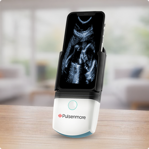 pulsenmore home ultrasound  with ultrasound display on a table, featuring the Pulsenmore brand.