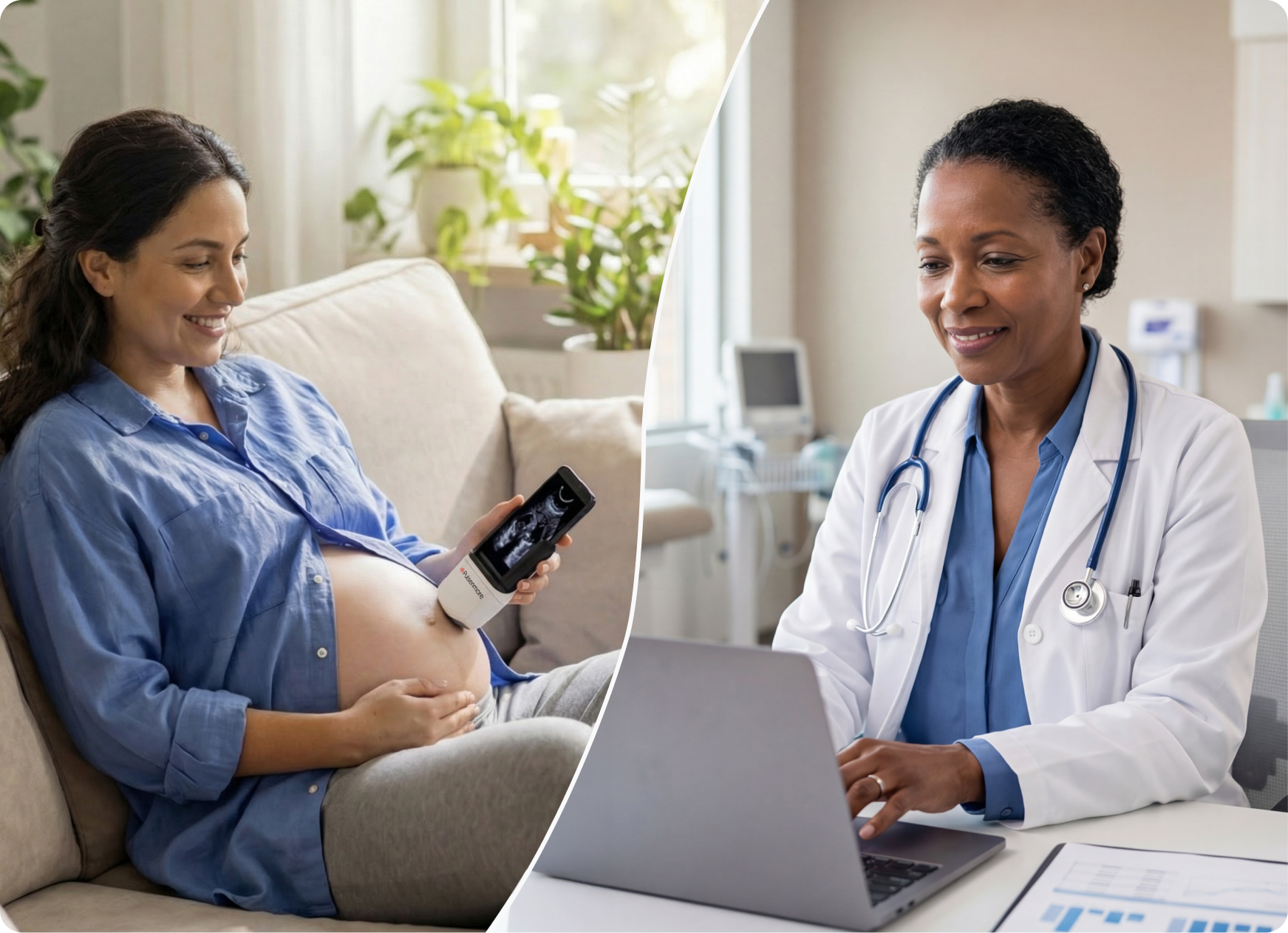 A split-screen image showing, on one side, a pregnant woman performing a self-scan on her belly using the Pulsenmore home ultrasound device, and on the other side, a clinician sitting at a computer reviewing and interpreting the scan.