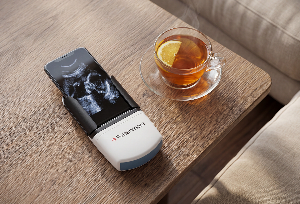 Pulsenmore  home ultrasound device displaying an ultrasound on a wooden table with a cup of tea.